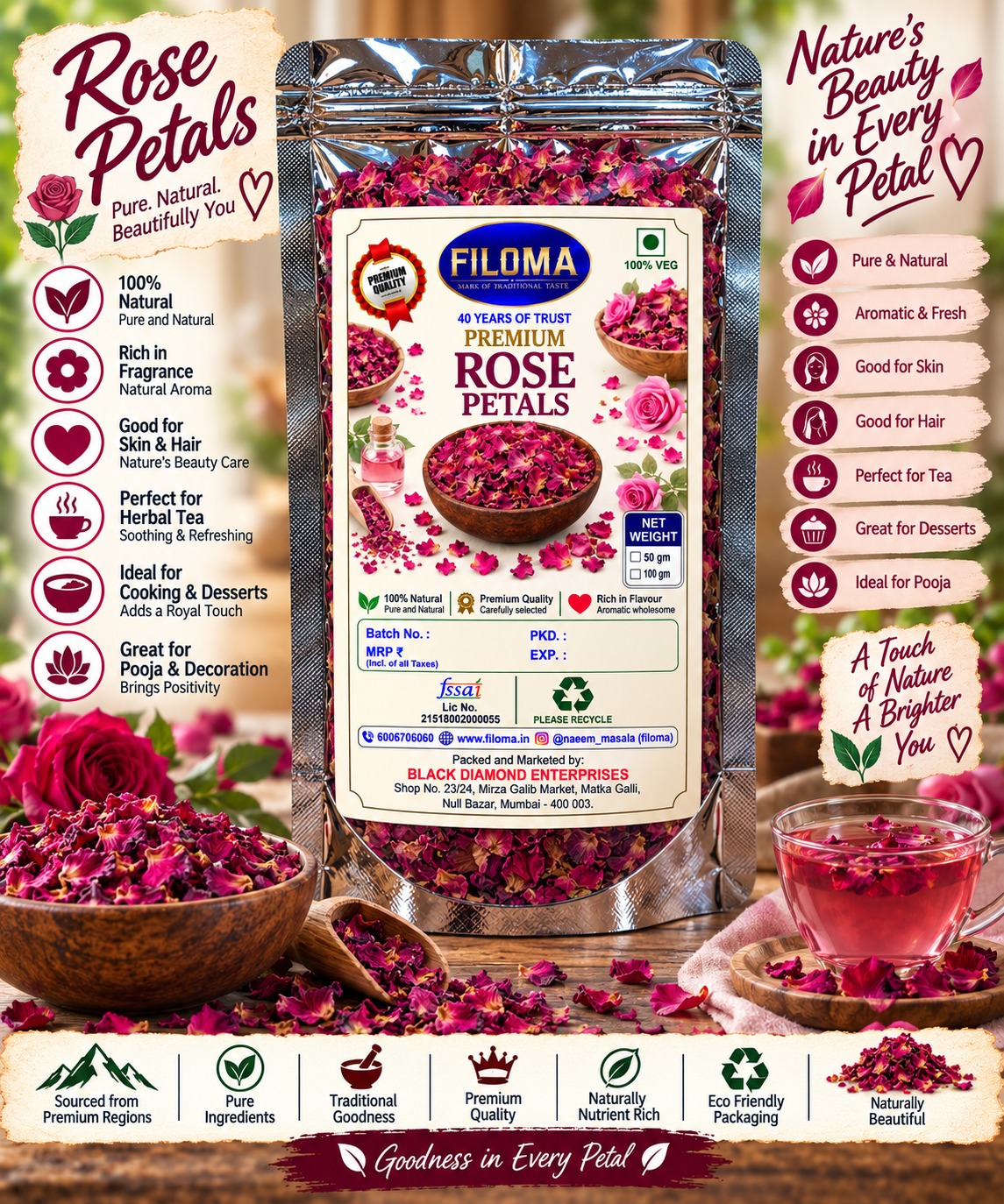 Filoma Premium Rose Petals (Gulab Ki Pankhudi) – 100% Natural Dried Rose Petals