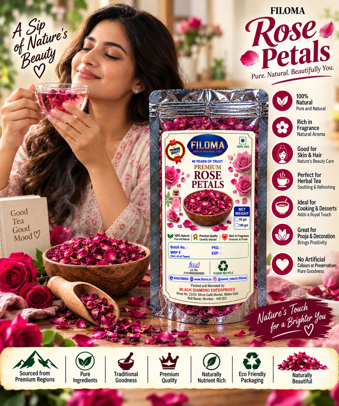 Filoma Premium Rose Petals (Gulab Ki Pankhudi) – 100% Natural Dried Rose Petals