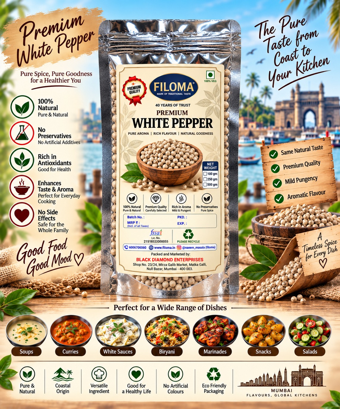 Filoma Premium White Pepper (Safed Mirch) – 100% Natural Whole Spice